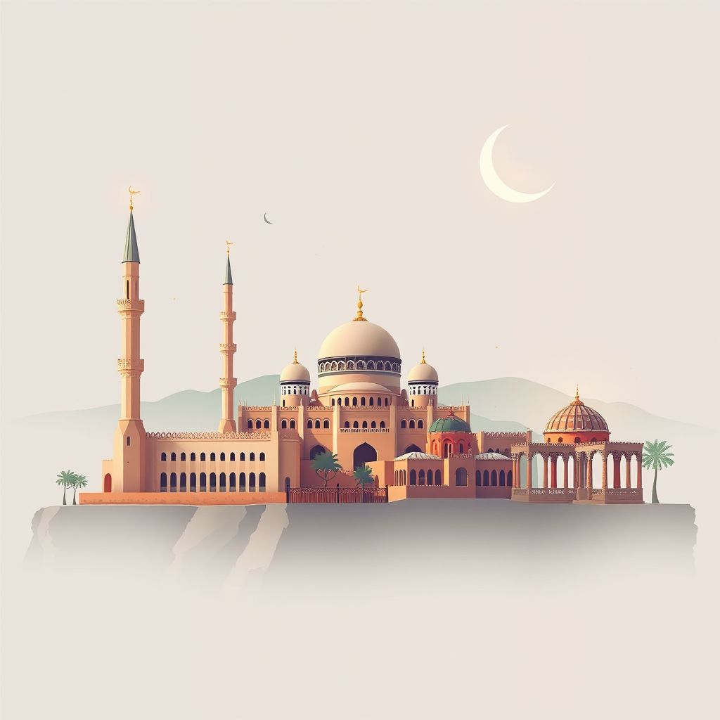 Ultra-high-definition gradient illustration style Fellaoucene illustration, showing the unique charm of the Great Mosque of Tlemcen, the Mechouar Palace, and the ruins of Mansourah.