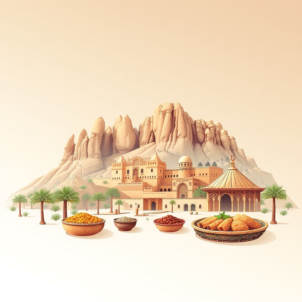 Ultra-high-definition gradient illustration of Fenoughil, Adrar, Algeria, featuring the Adrar Rock Formations and the Kasbah of Adrar.