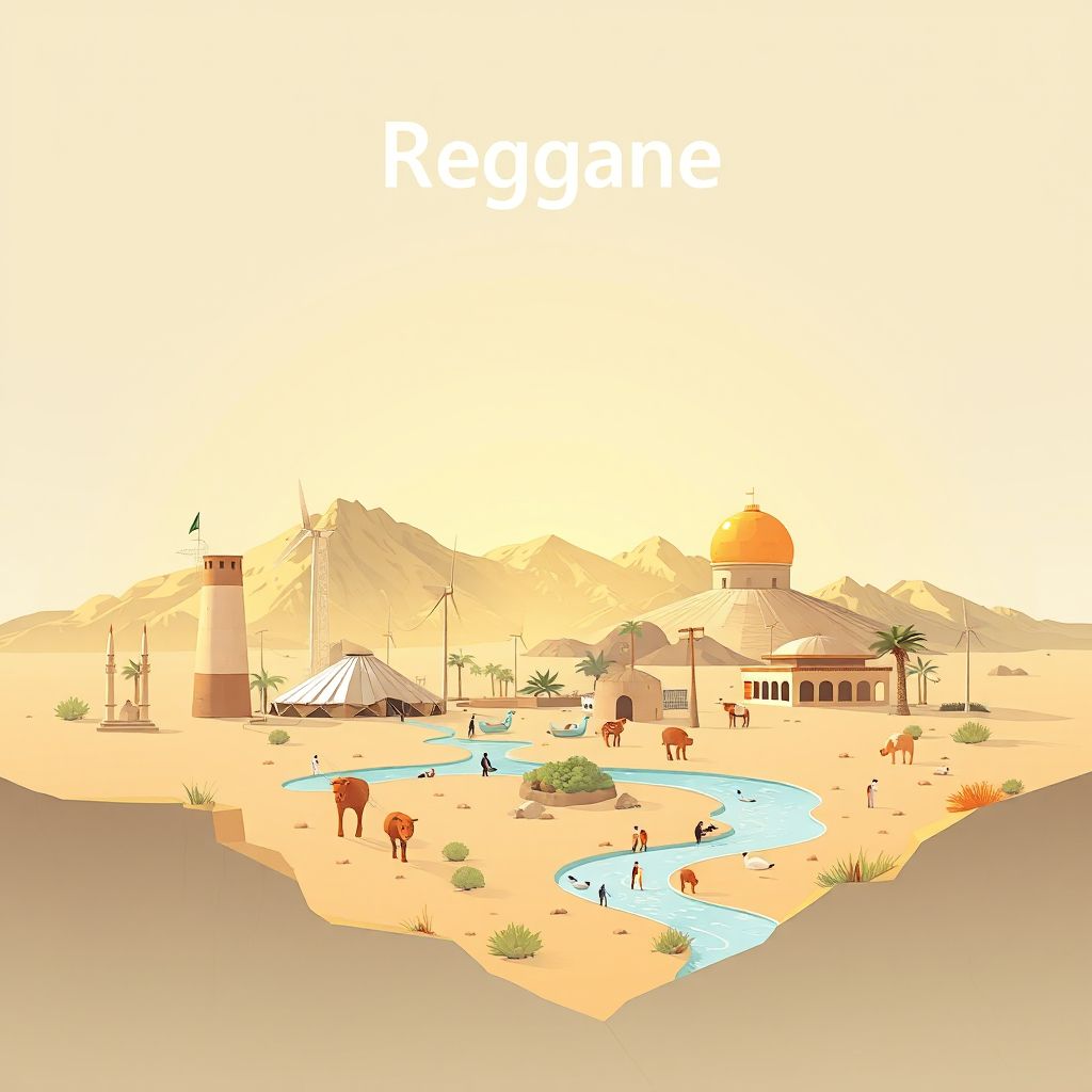 Ultra-high-definition gradient illustration style Reggane illustration, showing the unique charm of the Reggane Nuclear Test Site and Couscous.