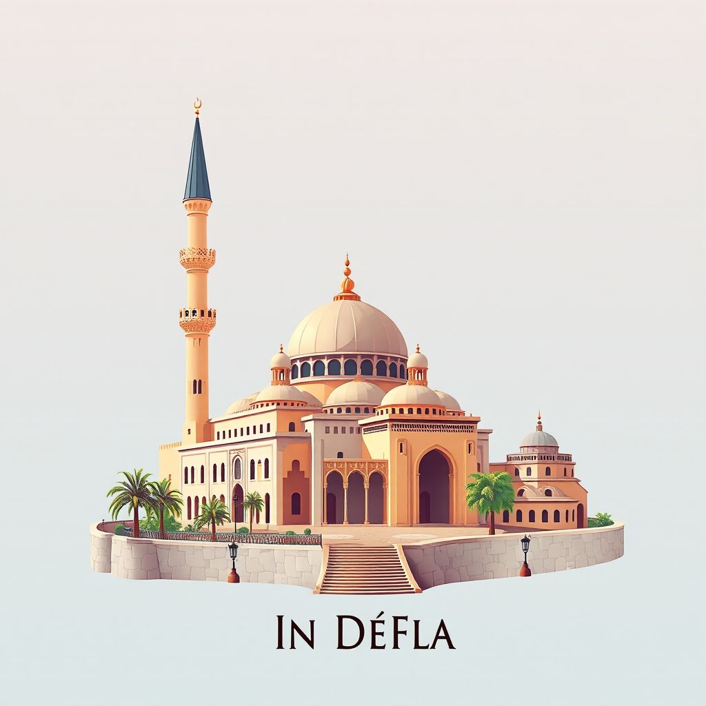 Ultra-high-definition gradient illustration style Ain Defla illustration, showing the unique charm of the Ain Defla Mosque and the Ain Defla Museum.