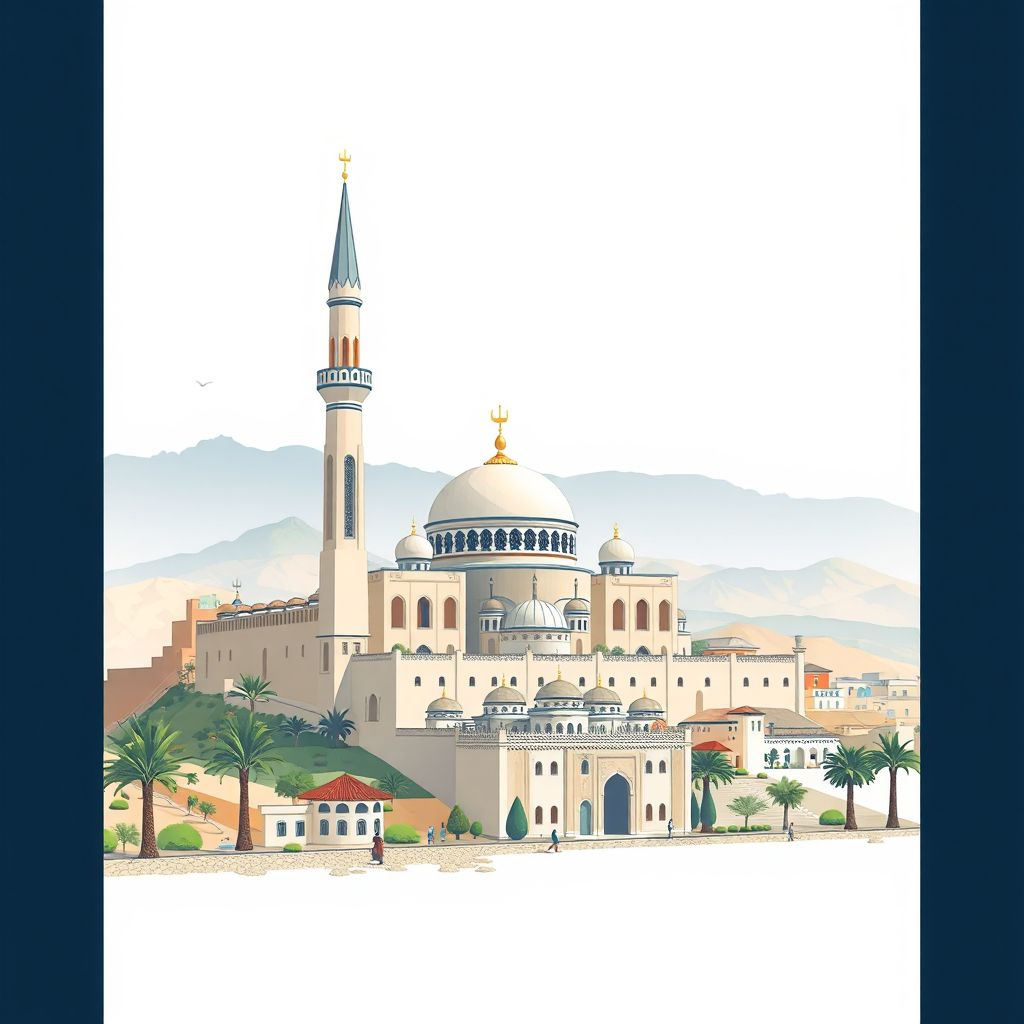 Ultra-high-definition gradient illustration style El Attaf illustration, showing the unique charm of the Ain Defla Mosque and the beautiful landscapes of the region.