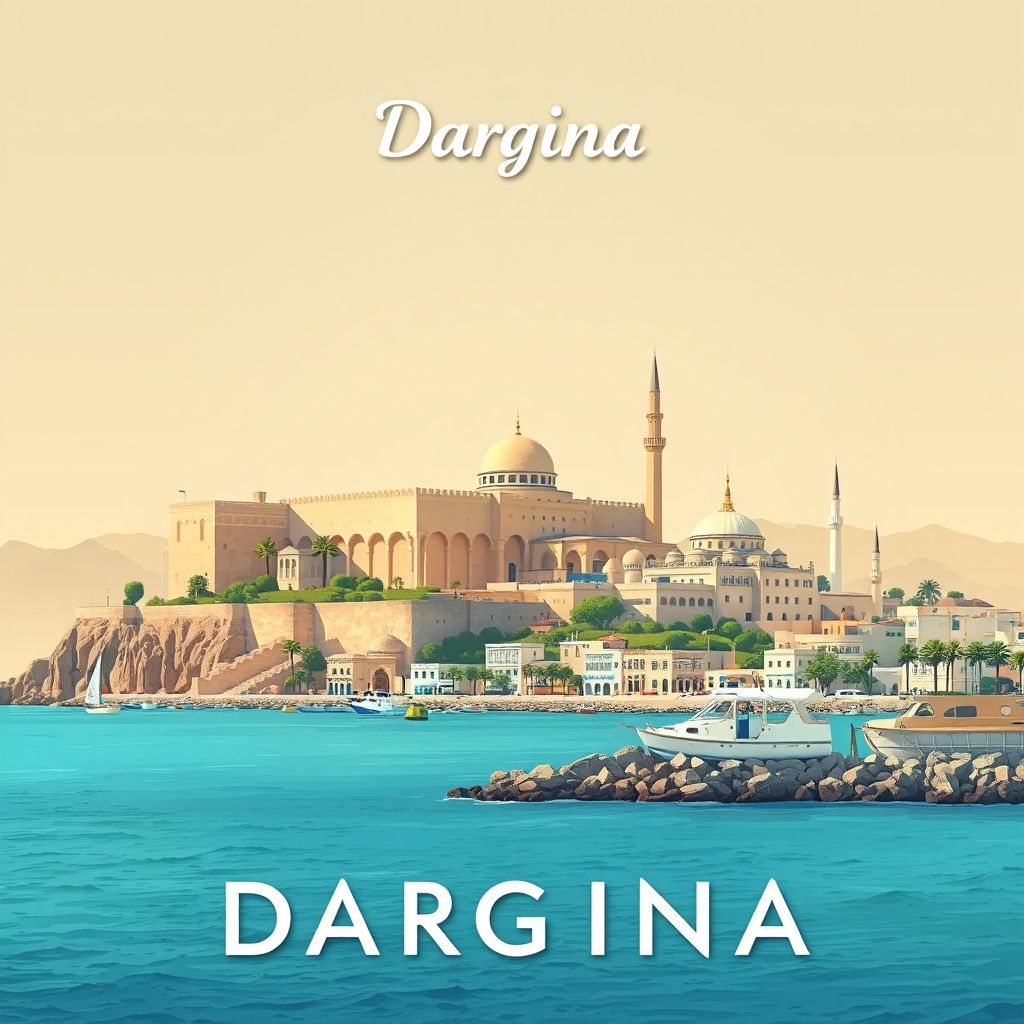 Ultra-high-definition gradient illustration style Darguina illustration, showing the unique charm of the Citadel of Bejaia, the Great Mosque of Bejaia, and the Mediterranean coastline.