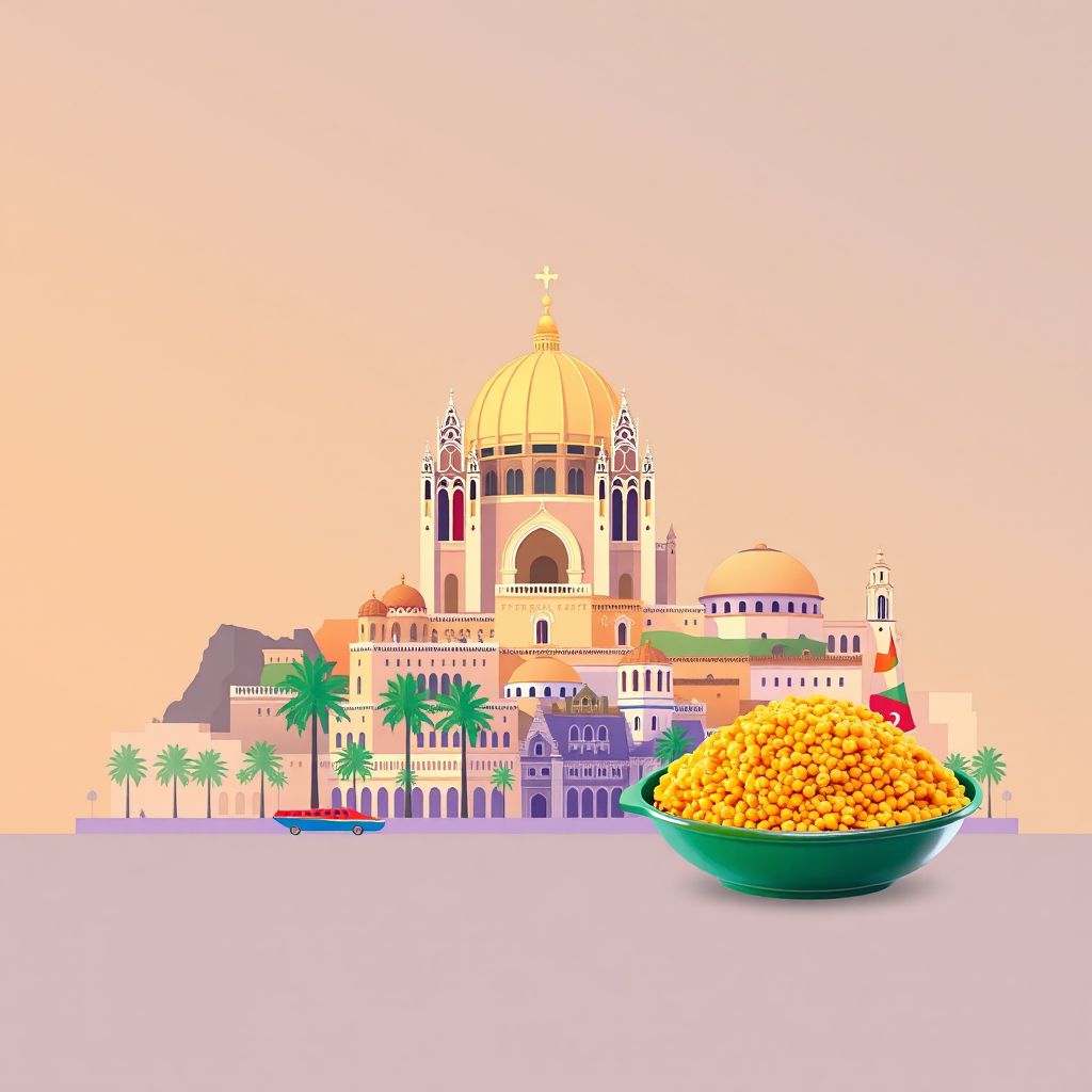 Ultra-high-definition gradient illustration style Bouzareah illustration, showing the unique charm of the Notre-Dame d'Afrique, the Casbah of Algiers, and traditional Algerian couscous.