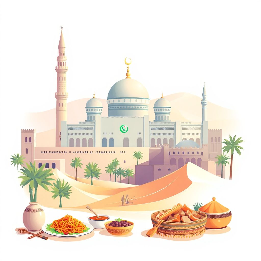 Gradient illustration of Reguiba, featuring the Great Mosque of El Oued and Sahara Desert sand dunes.