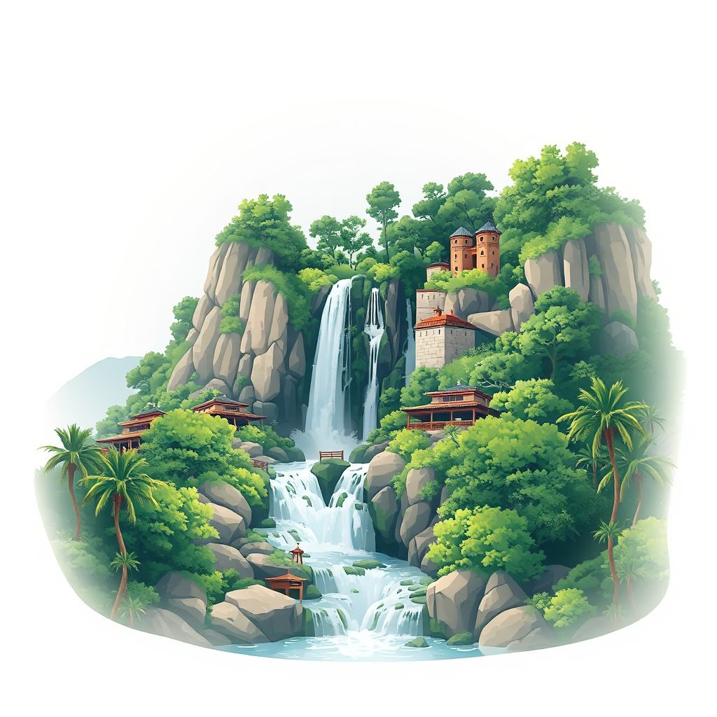 Ultra-high-definition gradient illustration style Amizour illustration, showing the unique charm of the Amizour Waterfall and lush greenery.
