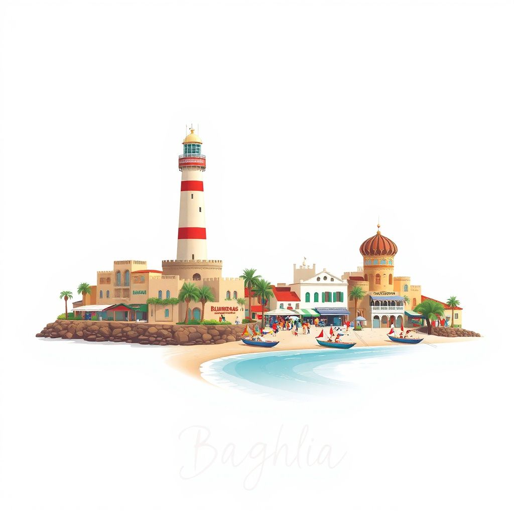 Ultra-high-definition gradient illustration style Baghlia illustration, showing the unique charm of the Boumerdes Lighthouse, beautiful beaches, and the local market.