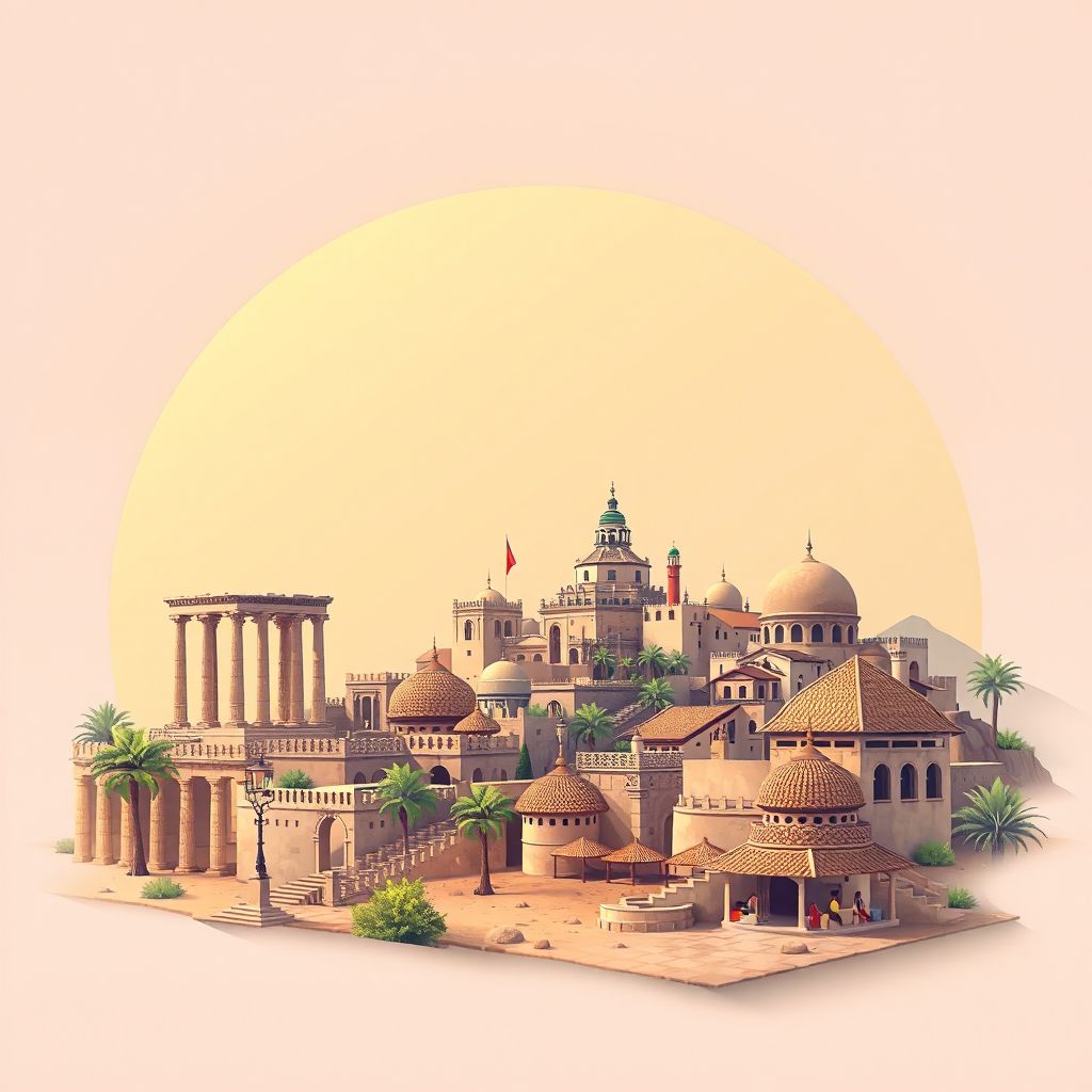 Ultra-high-definition gradient illustration style Menaa illustration, showing the unique charm of the Roman Ruins of Tiddis, the historic city of Timgad, and traditional Algerian couscous.