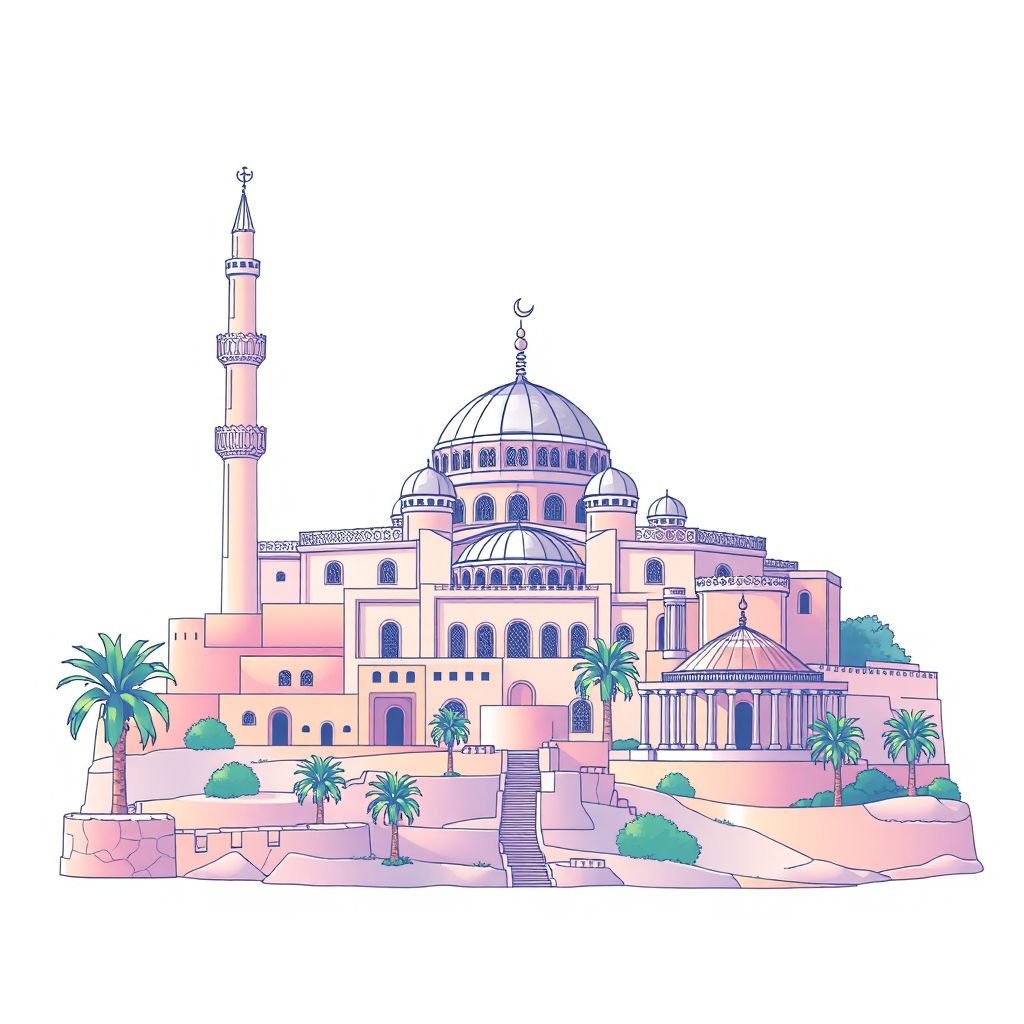 Ultra-high-definition gradient illustration style Ain Hessainia illustration, showing the unique charm of the Ain Hessainia Mosque and the ancient ruins of Calama.