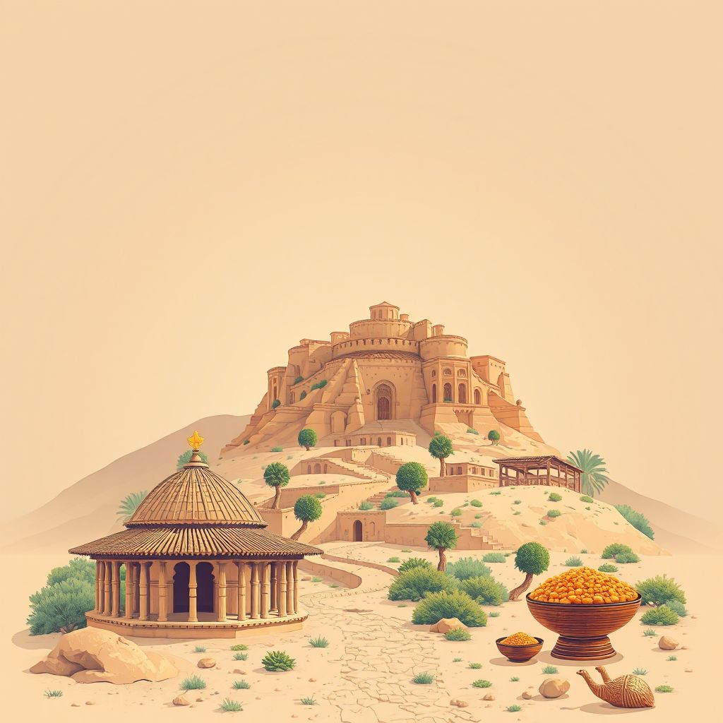 Ultra-high-definition gradient illustration style Oued Zenati illustration, showing the unique charm of the Roman Ruins of Guelma and traditional Algerian couscous.