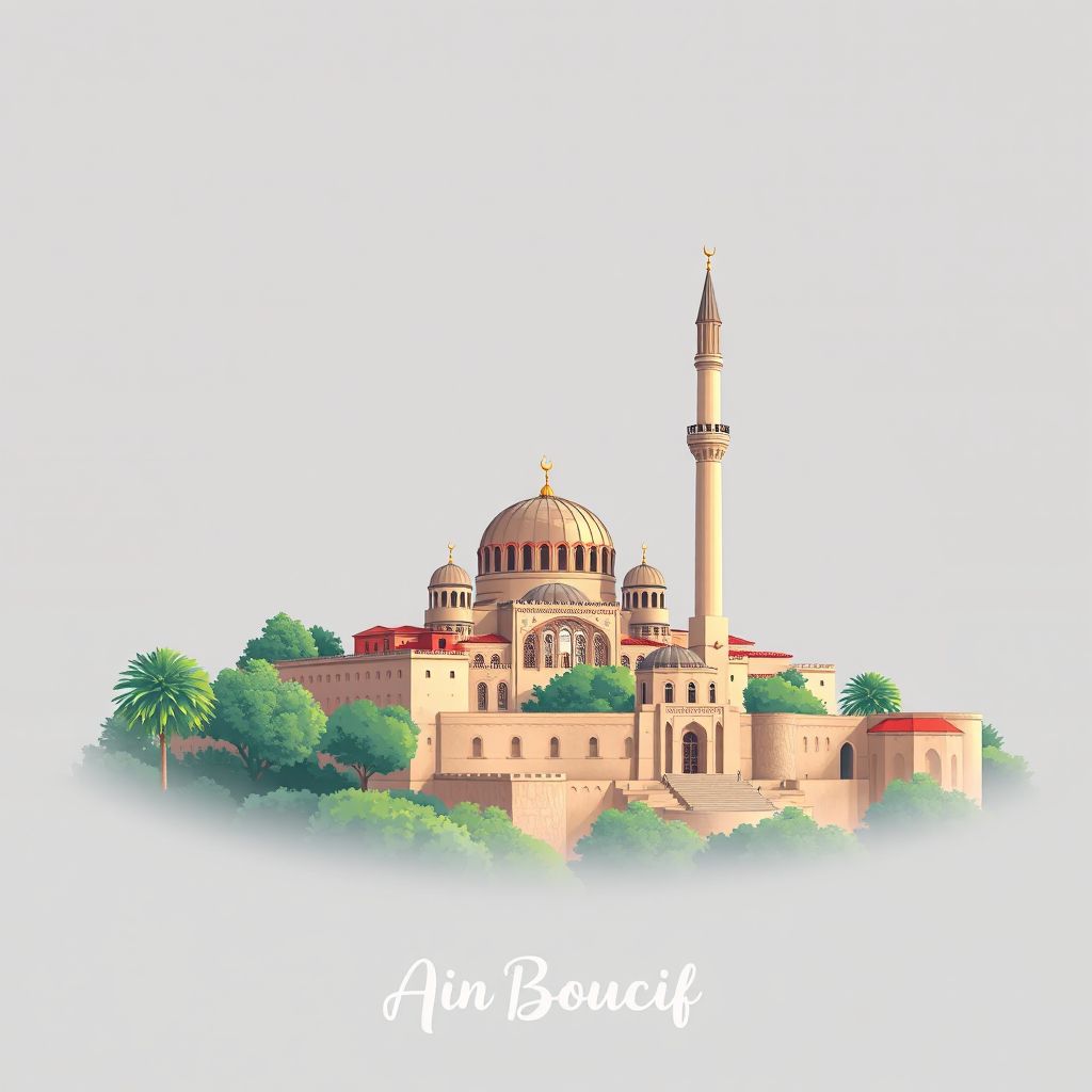 Ultra-high-definition gradient illustration style Ain Boucif illustration, showing the unique charm of the Ain Boucif Mosque and lush greenery.