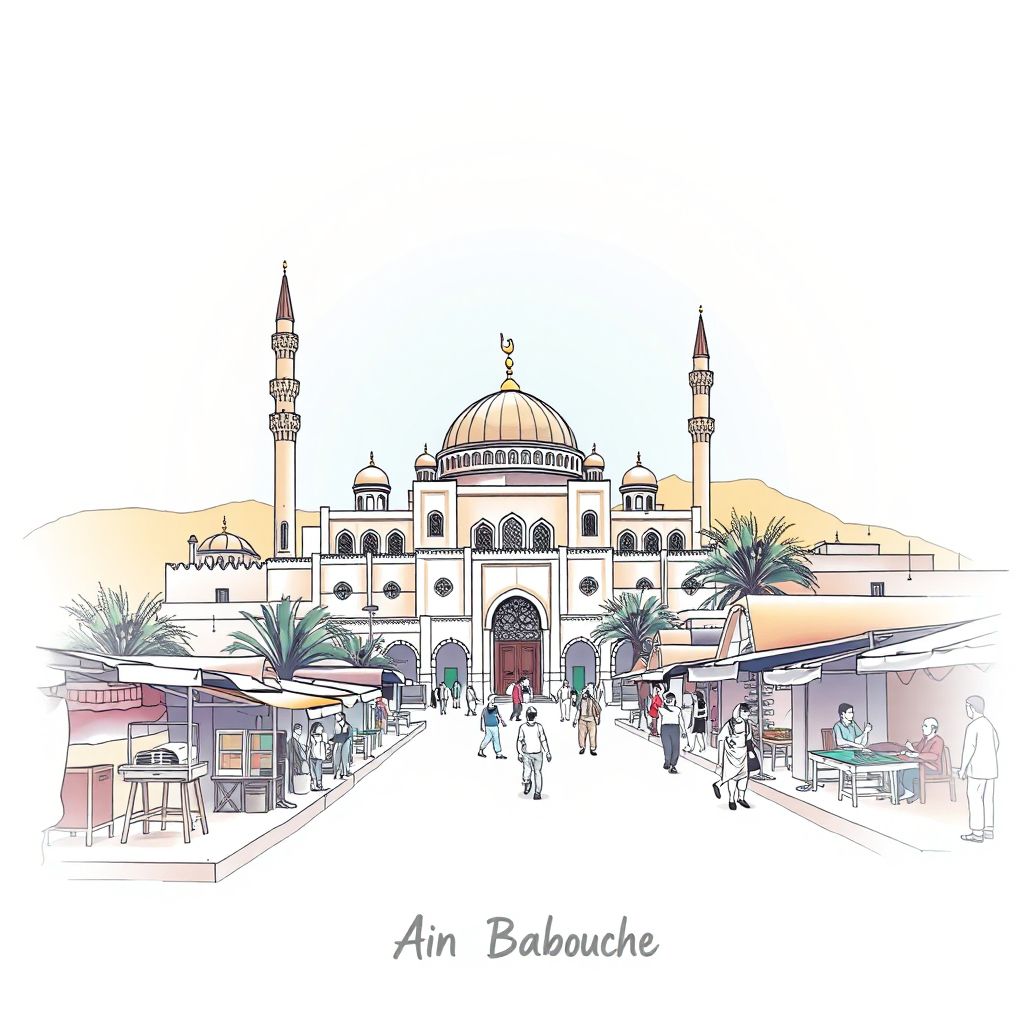 Ultra-high-definition gradient illustration style Ain Babouche illustration, showing the unique charm of the Ain Babouche Mosque, and the local market.
