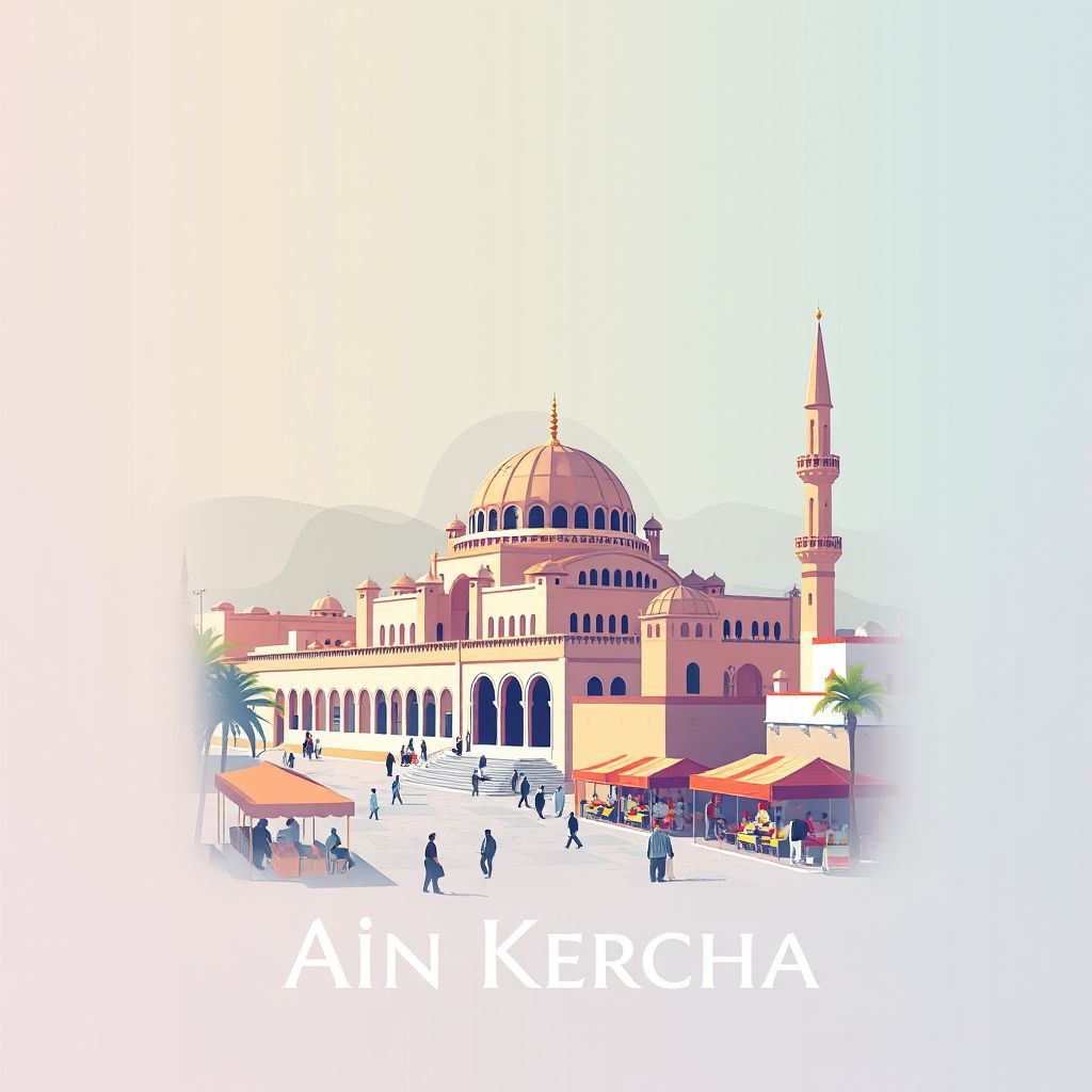 Ultra-high-definition gradient illustration style Ain Kercha illustration, showing the unique charm of the Ain Kercha Mosque, and the Ain Kercha Market.