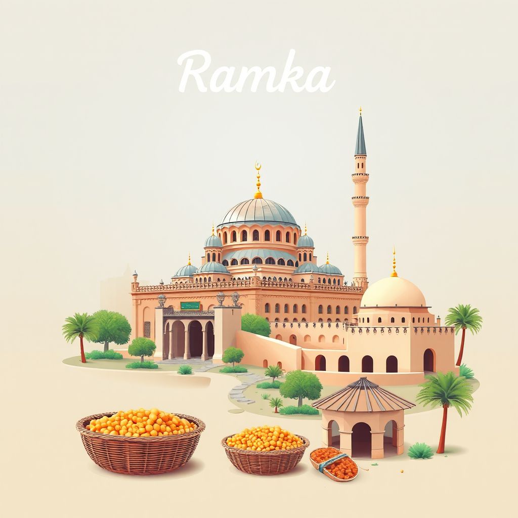 Ultra-high-definition gradient illustration style Ramka illustration, showing the unique charm of the Relizane Mosque, the historic ruins of Tiddis, and couscous.