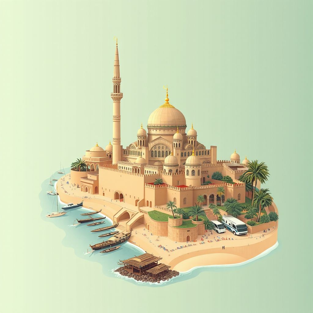 Ultra-high-definition gradient illustration style Mahdia illustration, showing the unique charm of the Great Mosque of Mahdia, the Citadel of Mahdia, and the beautiful beaches.