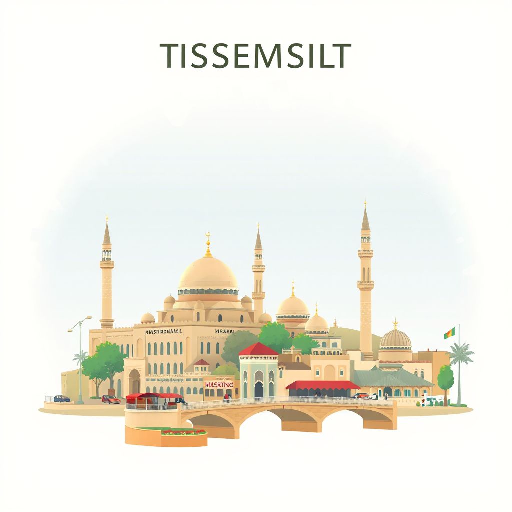 Ultra-high-definition gradient illustration style Tissemsilt illustration, showing the unique charm of the Tissemsilt Mosque, the Tissemsilt Bridge, and the Tissemsilt Market.