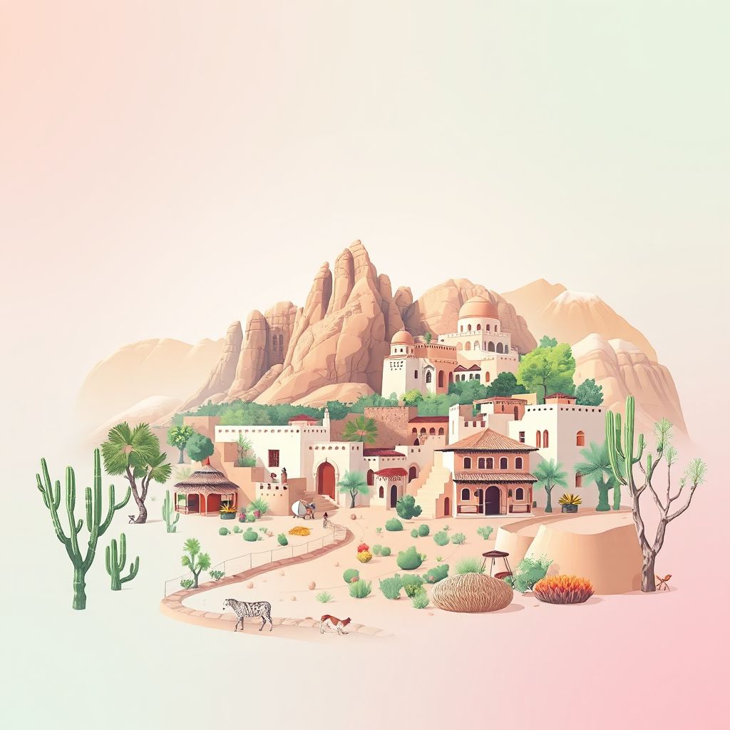 Ultra-high-definition gradient illustration style Ain El Hammam illustration, showing the unique charm of the Djurdjura National Park and traditional Berber cuisine.