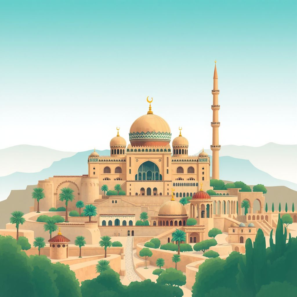 Ultra-high-definition gradient illustration style Hennaya illustration, showing the unique charm of the Great Mosque of Tlemcen, the ruins of Mansourah, and couscous.