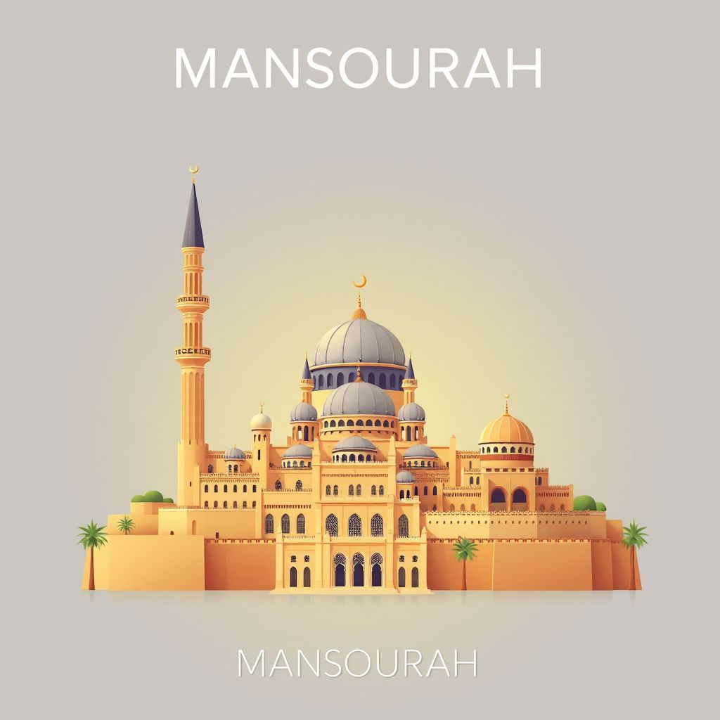 Ultra-high-definition gradient illustration style Mansourah illustration, showing the unique charm of the Great Mosque of Tlemcen, the El Mechouar Palace, and the Mansourah Citadel.