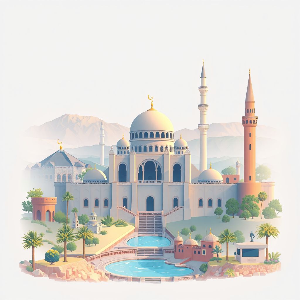 Ultra-high-definition gradient illustration style Hammam Righa illustration, showing the unique charm of the Hammam Righa Mosque and Ain Defla landscapes.