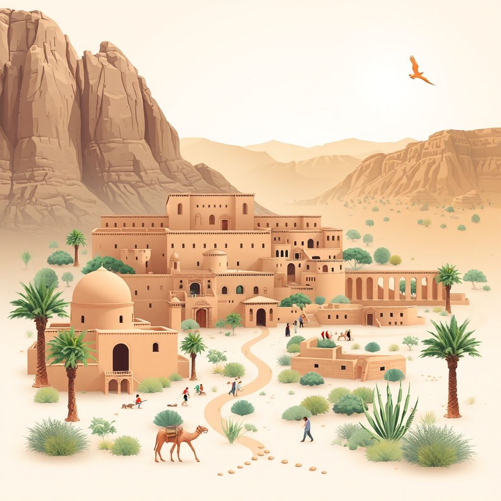 Ultra-high-definition gradient illustration style Aoulef illustration, showing the unique charm of the Kasbah of Aoulef, the ancient ruins of Tassili n'Ajjer.