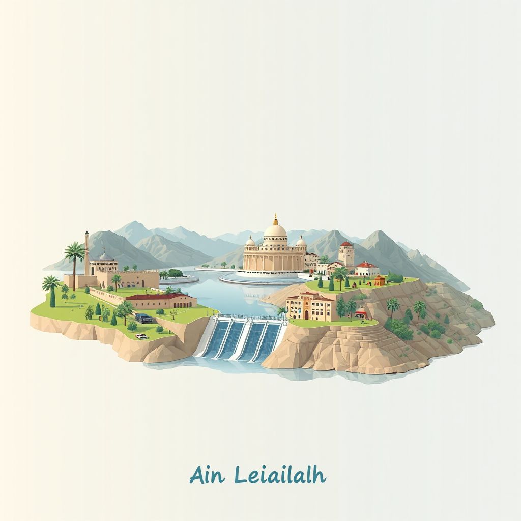Ultra-high-definition gradient illustration style Ain Lechiakh illustration, showing the unique charm of the Ain Defla Dam and the beautiful landscapes of the region.