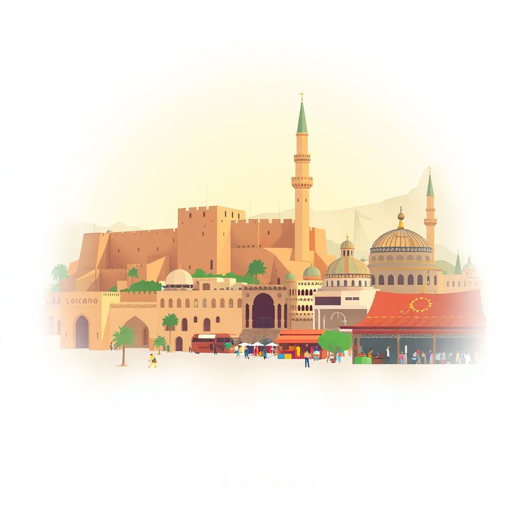 Ultra-high-definition gradient illustration style Lahmar illustration, showing the unique charm of the Bechar Fort, the Bechar Mosque, and the Bechar Market.