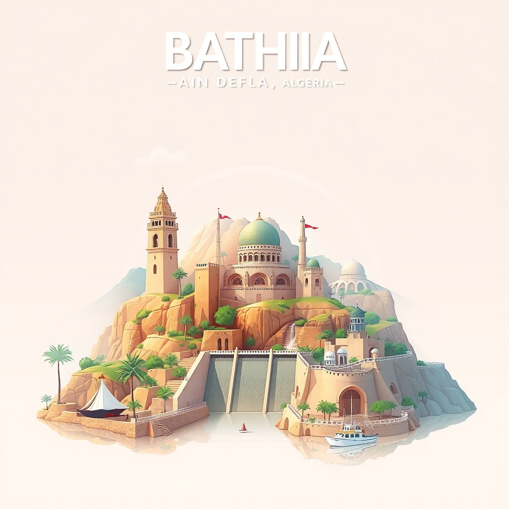 Ultra-high-definition gradient illustration of Bathia, showing the Ain Defla Dam and beautiful landscapes.
