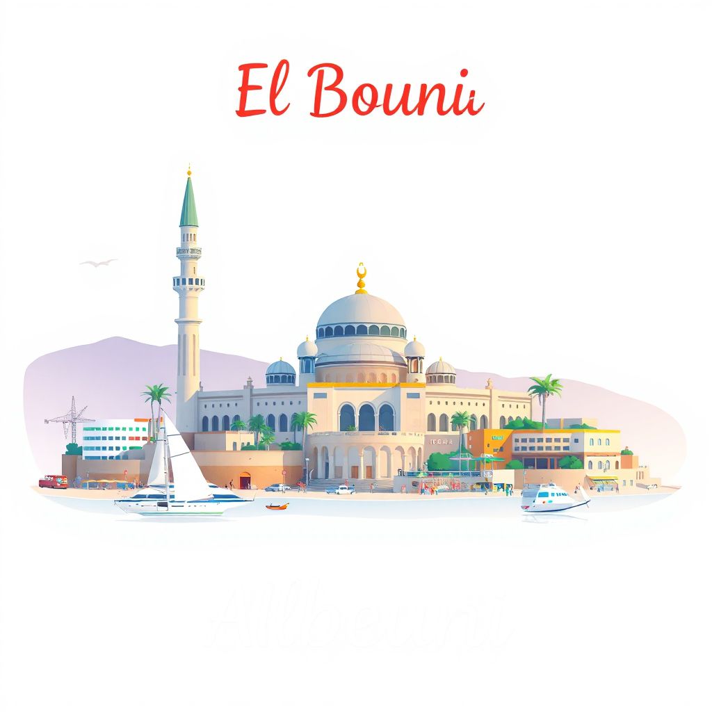 Ultra-high-definition gradient illustration style El Bouni illustration, showing the unique charm of the Sidi Salem Mosque, and the beautiful beaches of Annaba.
