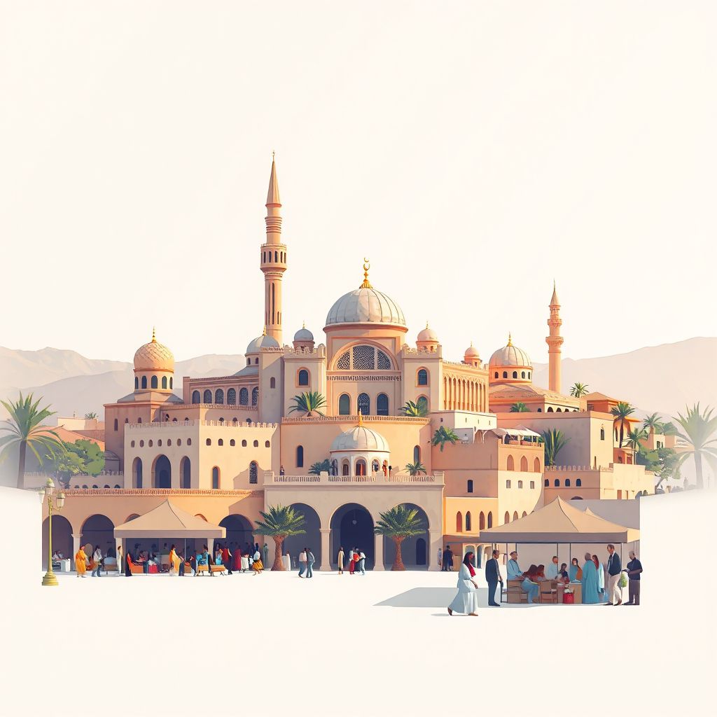 Ultra-high-definition gradient illustration style Bordj El Emir Khaled illustration, showing the unique charm of the Ain Defla Mosque, the Ain Defla Museum, and the local market.