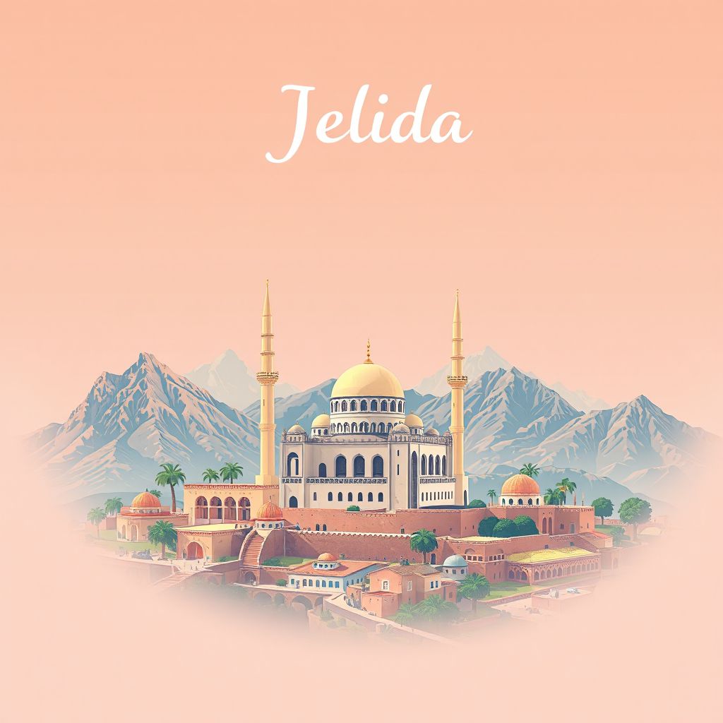 Ultra-high-definition gradient illustration style Djelida illustration, showing the unique charm of the Ain Defla Mosque and the surrounding mountains.