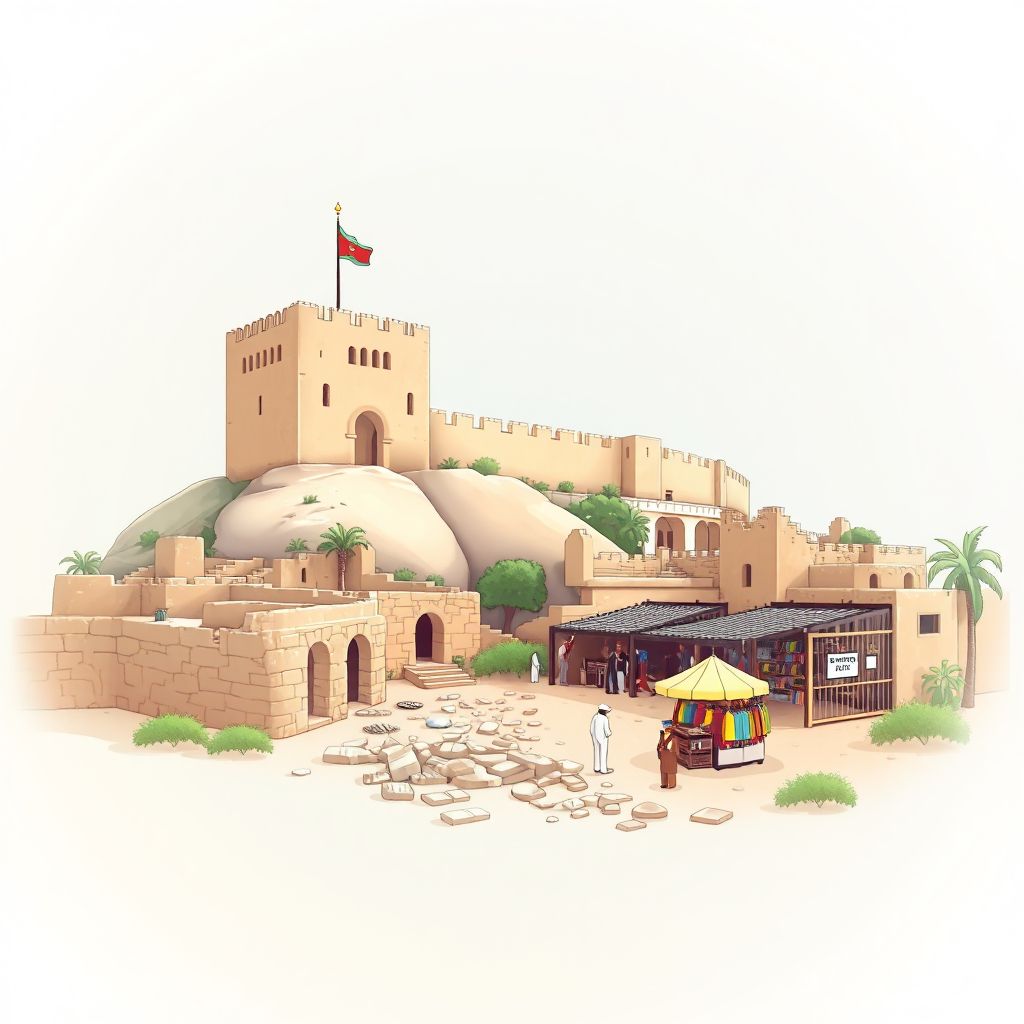 Ultra-high-definition gradient illustration style Tabelbala illustration, showing the unique charm of the Tabelbala Fort, the ancient ruins of Tabelbala, and the local traditional market.