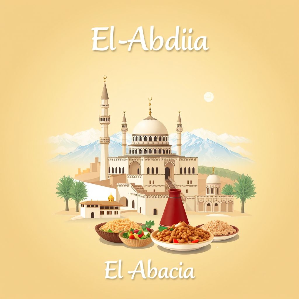Ultra-high-definition gradient illustration style El Abadia illustration, showing the unique charm of the Ain Defla Mosque and the surrounding mountains.