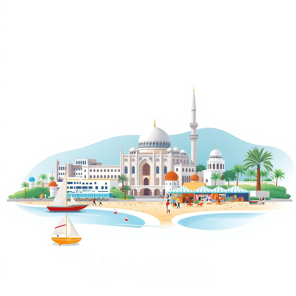 Ultra-high-definition gradient illustration style Ain Larbaa illustration, showing the unique charm of the Ain Larbaa Mosque, the Ain Larbaa Beach, and the Ain Larbaa Market.