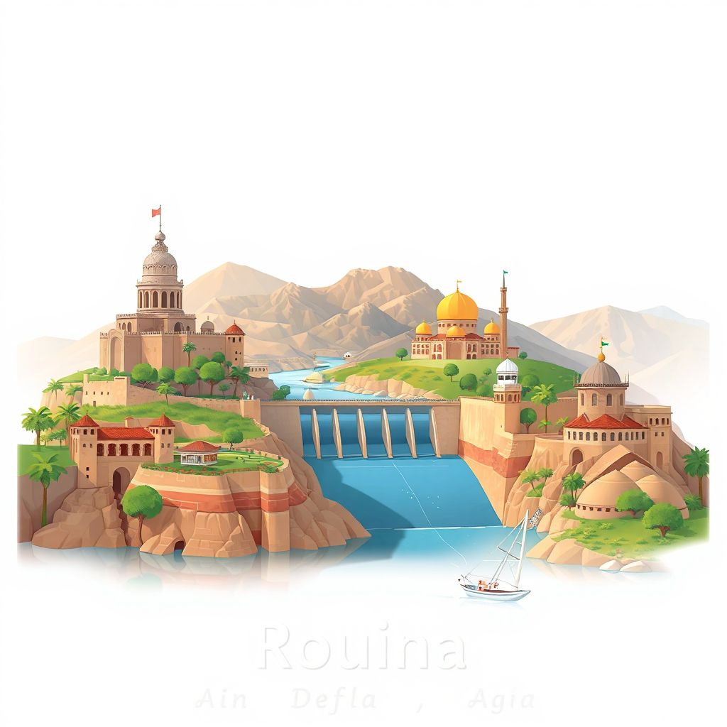 Ultra-high-definition gradient illustration style Rouina illustration, showing the unique charm of the Ain Defla Dam and the beautiful landscapes of the region.