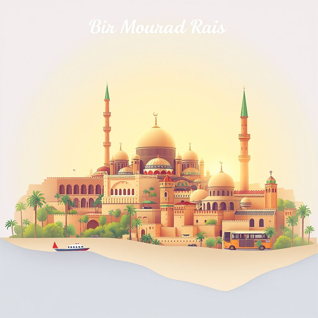 Ultra-high-definition gradient illustration style Bir Mourad Rais illustration, showing the unique charm of the Great Mosque of Algiers, the Casbah of Algiers, and couscous.