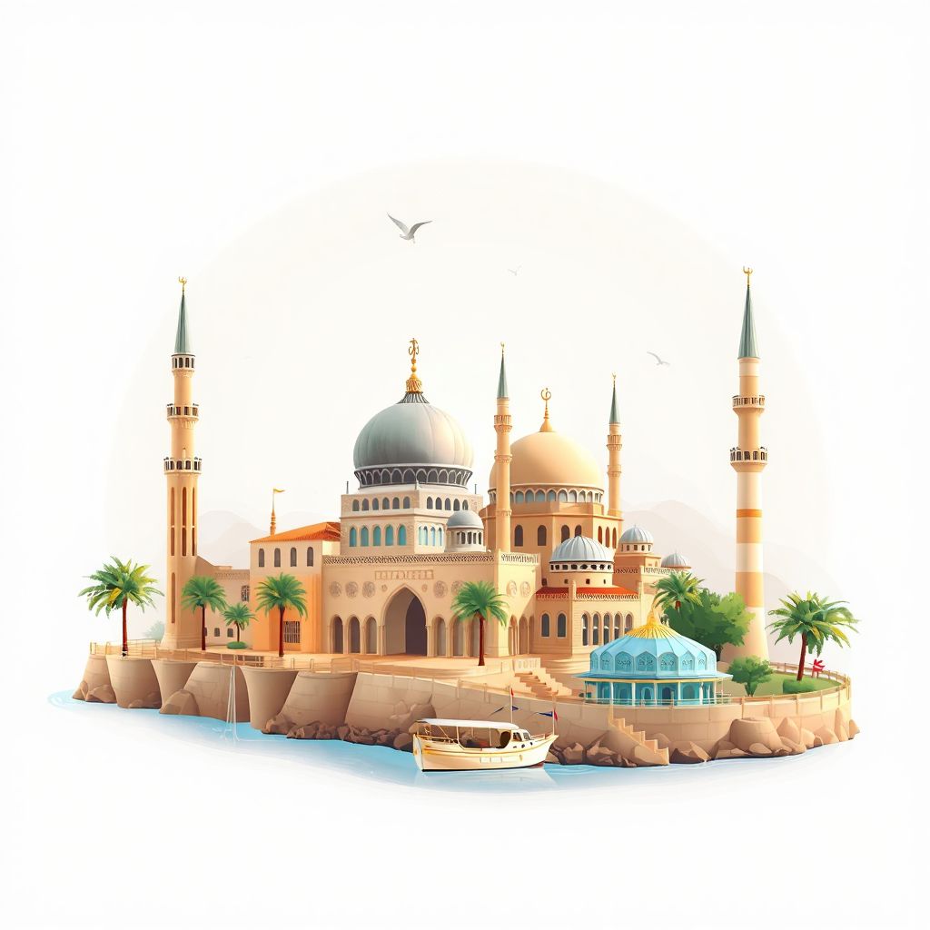 Ultra-high-definition gradient illustration style Ain Kihel illustration, showing the unique charm of the Ain Temouchent Mosque, the Ain Temouchent Beach, and the Ain Temouchent Museum.