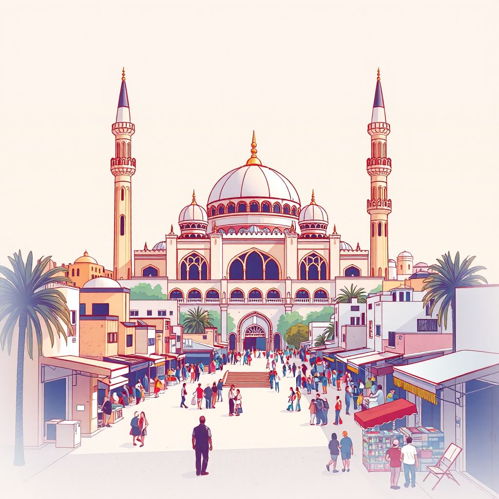 Ultra-high-definition gradient illustration style Birtouta illustration, showing the unique charm of the Birtouta Mosque and local markets.