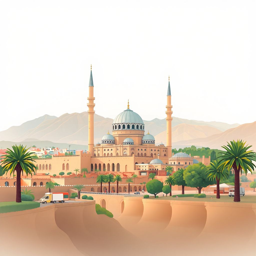 Ultra-high-definition gradient illustration style El Maleh illustration, showing the unique charm of the Ain Temouchent Mosque and beautiful landscapes.