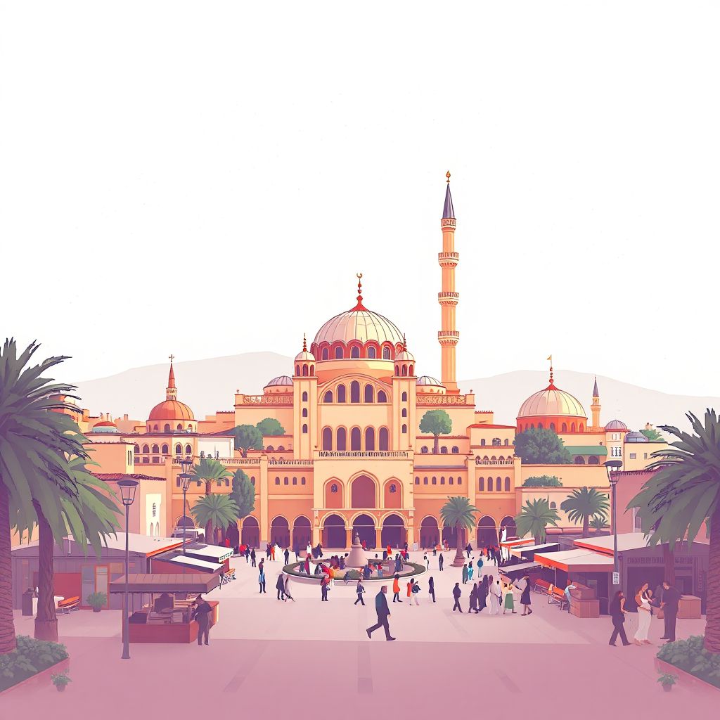 Ultra-high-definition gradient illustration style El Harrach illustration, showing the unique charm of the El Harrach Mosque, the El Harrach Park, and the bustling local markets.