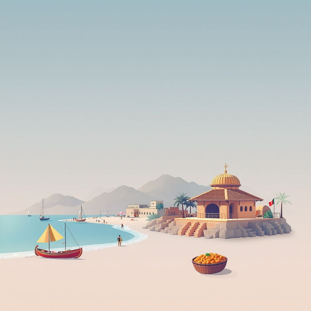 Ultra-high-definition gradient illustration style Hammam Bou Hadjar illustration, showing the unique charm of the Hammam Bou Hadjar Beach, the Ain Temouchent Museum.
