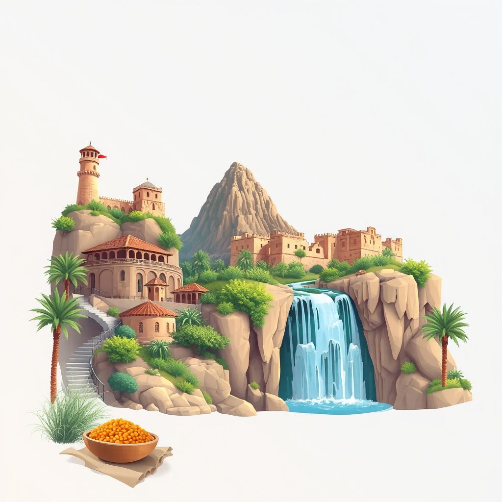 Ultra-high-definition gradient illustration style Kherrata illustration, showing the unique charm of the Kherrata Waterfall, the historic ruins of Djebel Kherrata.