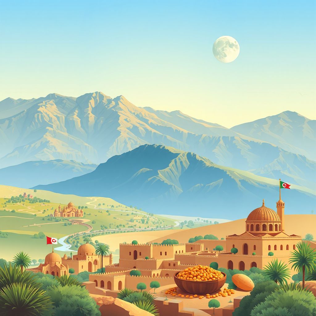 Ultra-high-definition gradient illustration style Oulhassa Gheraba illustration, showing the unique charm of the historic ruins of Tiddis, the beautiful landscapes of Ain Temouchent.