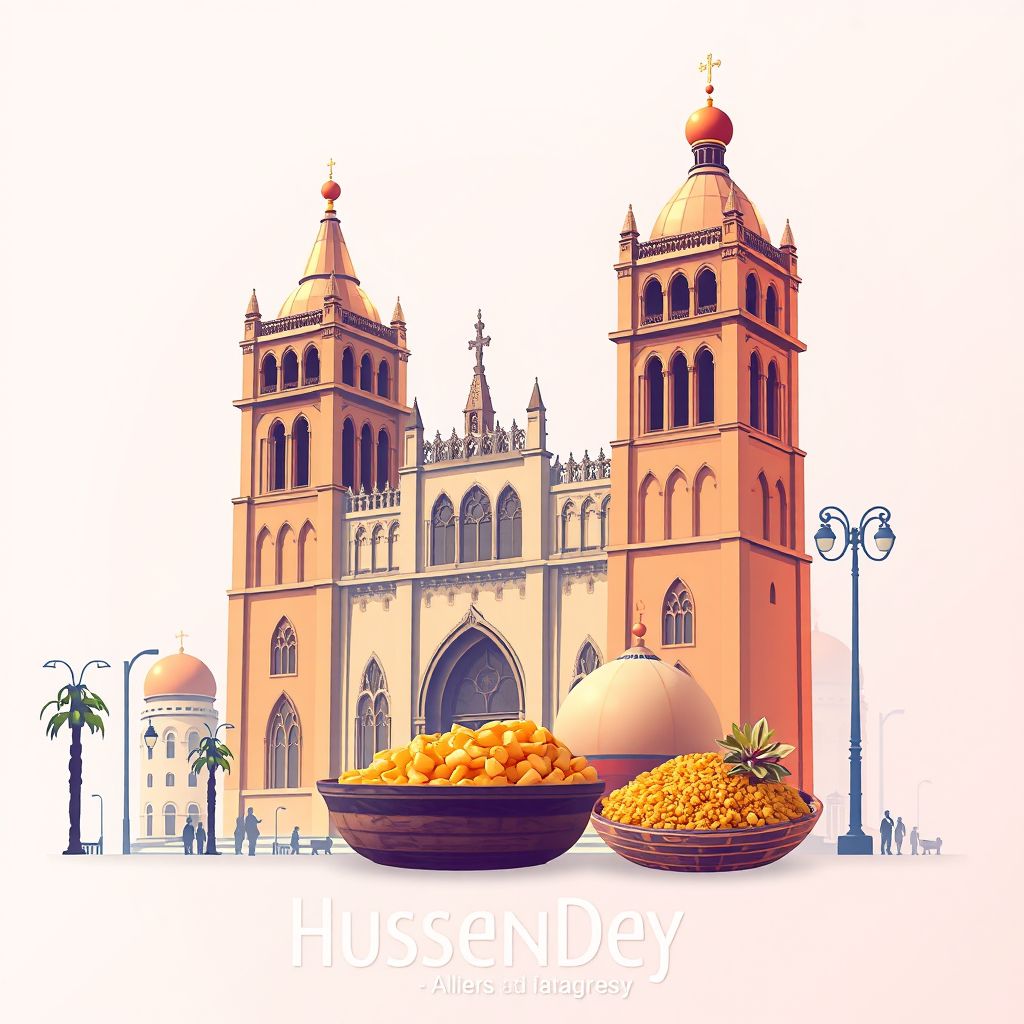 Ultra-high-definition gradient illustration style Hussein Dey illustration, showing the unique charm of the Notre-Dame d'Afrique and couscous.
