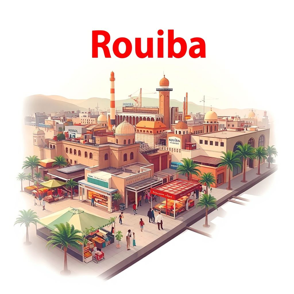 Ultra-high-definition gradient illustration style Rouiba illustration, showing the unique charm of the Rouiba Industrial Zone and vibrant local markets.