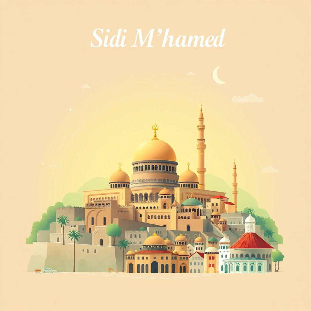 Ultra-high-definition gradient illustration style Sidi M'hamed illustration, showing the unique charm of the Great Mosque of Algiers, the Casbah of Algiers, and couscous.