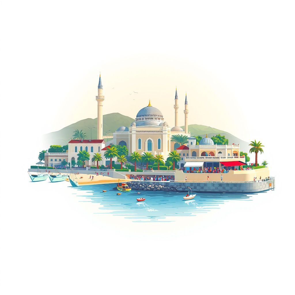 Ultra-high-definition gradient illustration style Berrahal illustration, showing the unique charm of Berrahal Beach, the Berrahal Mosque, and the local market.