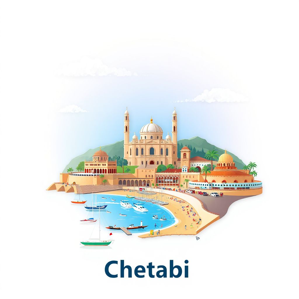Ultra-high-definition gradient illustration style Chetaibi illustration, showing the unique charm of the Basilica of Saint Augustine, the Annaba Archaeological Museum, and the beautiful beaches of Annaba.