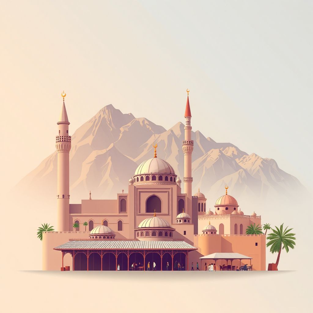Ultra-high-definition gradient illustration style Ain Touta illustration, showing the unique charm of the Ain Touta Mosque, the Ain Touta Market, and the Ain Touta Mountains.