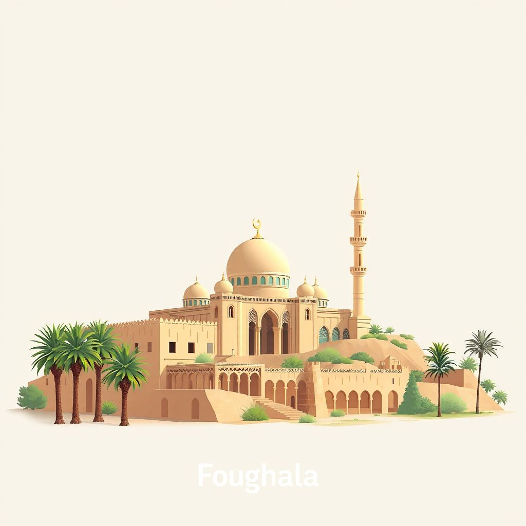 Ultra-high-definition gradient illustration style Foughala illustration, showing the unique charm of the Sidi Okba Mosque, the ancient ruins of Tighanimine.