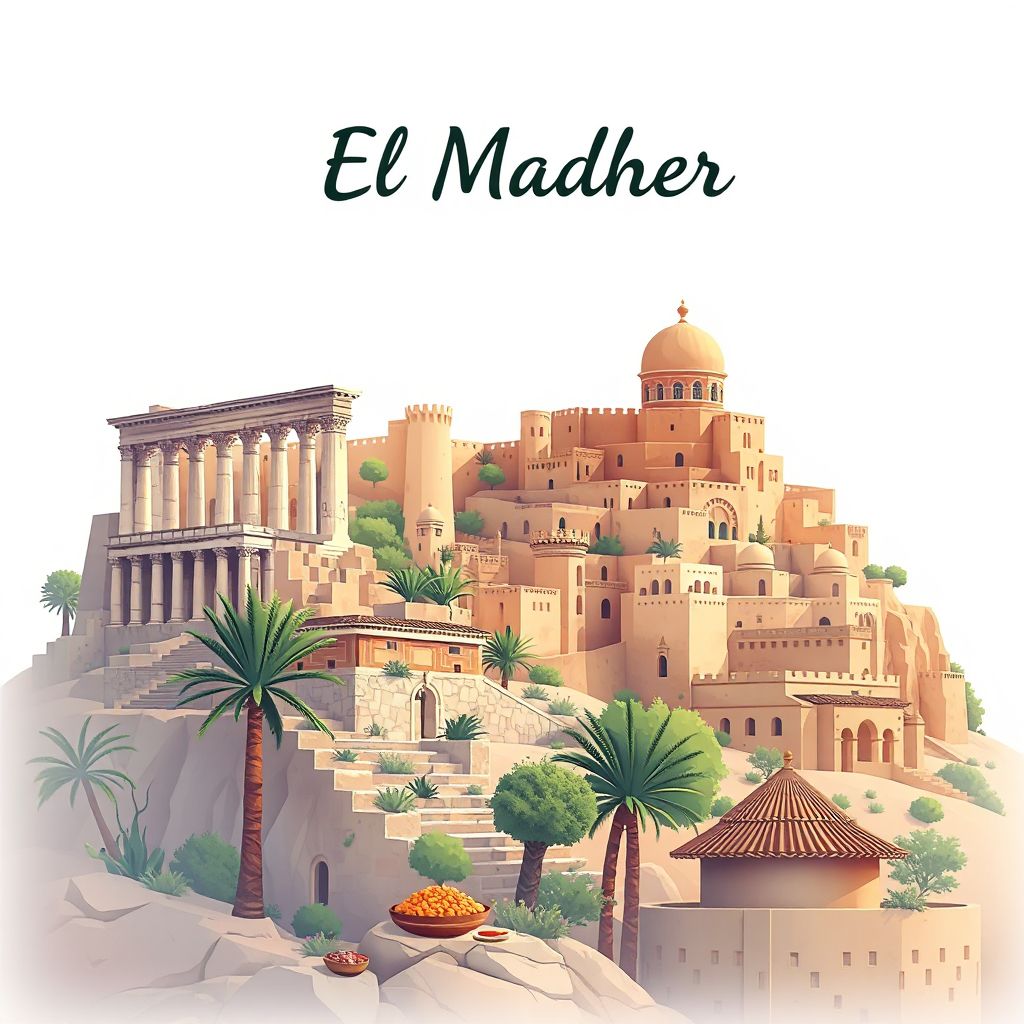 Ultra-high-definition gradient illustration style El Madher illustration, showing the unique charm of the Roman ruins of Tiddis, the historic Kasbah of Batna, and traditional Algerian cuisine like couscous.